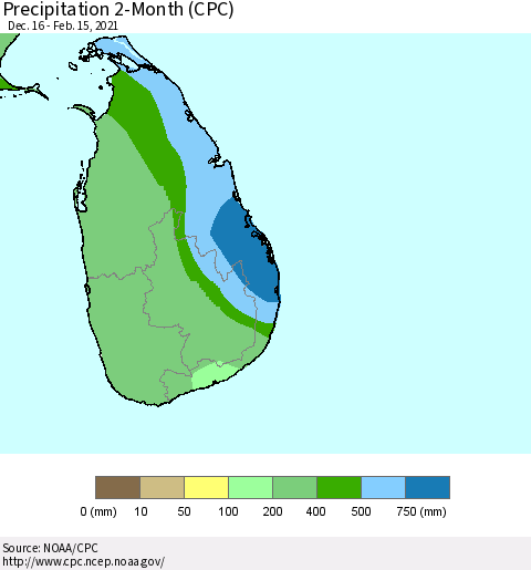 Sri Lanka Precipitation 2-Month (CPC) Thematic Map For 12/16/2020 - 2/15/2021