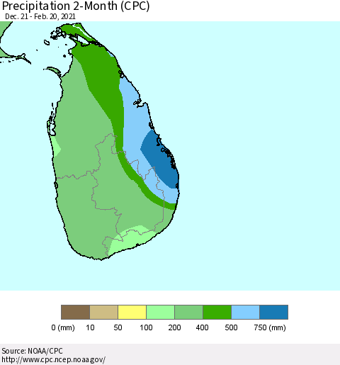 Sri Lanka Precipitation 2-Month (CPC) Thematic Map For 12/21/2020 - 2/20/2021