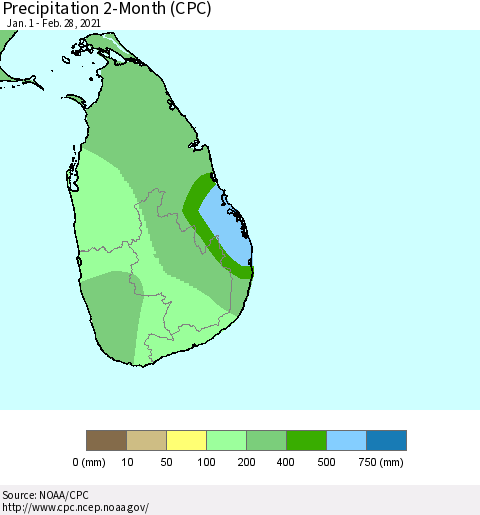 Sri Lanka Precipitation 2-Month (CPC) Thematic Map For 1/1/2021 - 2/28/2021