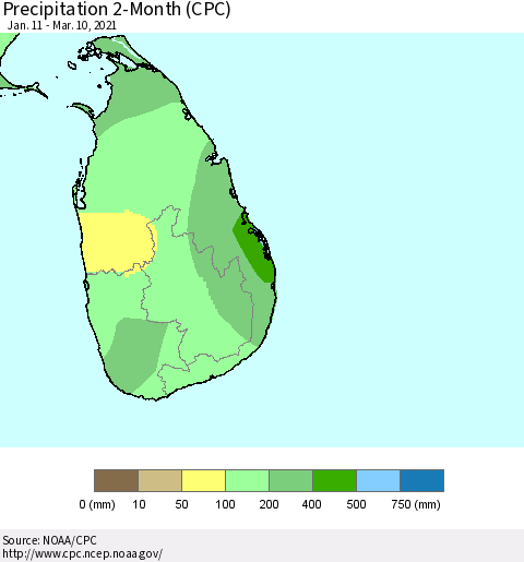 Sri Lanka Precipitation 2-Month (CPC) Thematic Map For 1/11/2021 - 3/10/2021