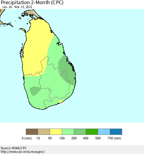 Sri Lanka Precipitation 2-Month (CPC) Thematic Map For 1/16/2021 - 3/15/2021