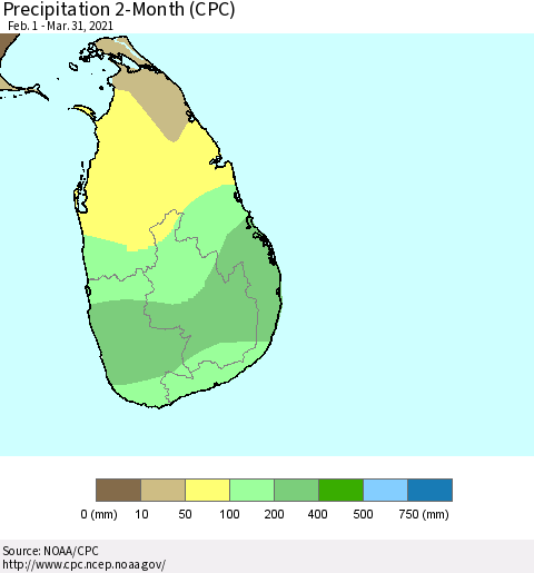 Sri Lanka Precipitation 2-Month (CPC) Thematic Map For 2/1/2021 - 3/31/2021