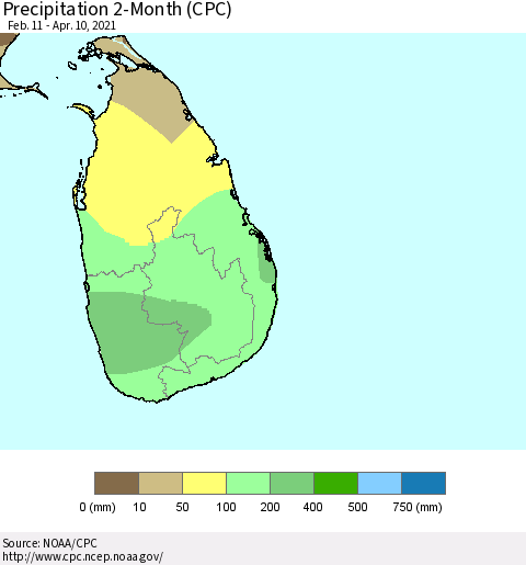 Sri Lanka Precipitation 2-Month (CPC) Thematic Map For 2/11/2021 - 4/10/2021