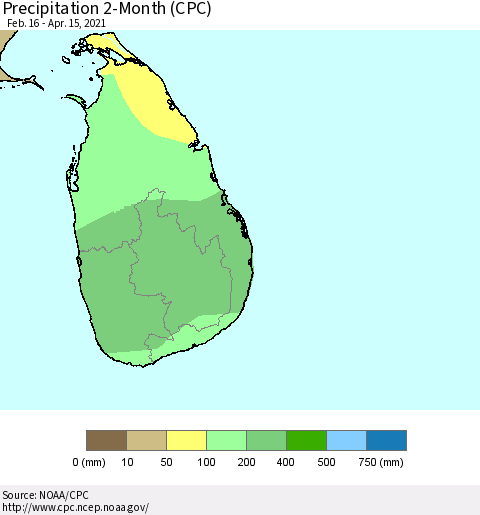 Sri Lanka Precipitation 2-Month (CPC) Thematic Map For 2/16/2021 - 4/15/2021