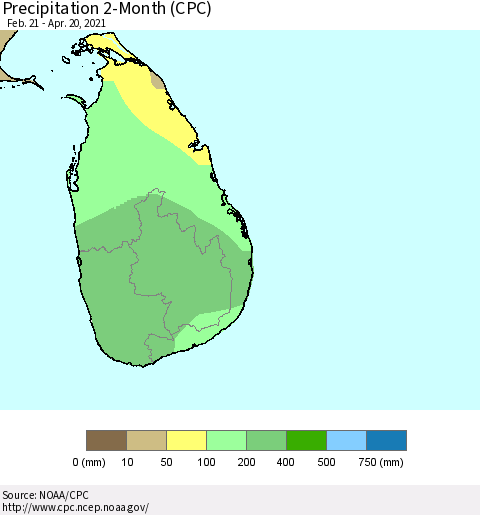 Sri Lanka Precipitation 2-Month (CPC) Thematic Map For 2/21/2021 - 4/20/2021