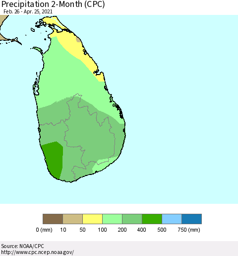 Sri Lanka Precipitation 2-Month (CPC) Thematic Map For 2/26/2021 - 4/25/2021