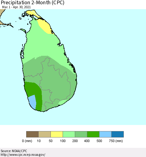 Sri Lanka Precipitation 2-Month (CPC) Thematic Map For 3/1/2021 - 4/30/2021