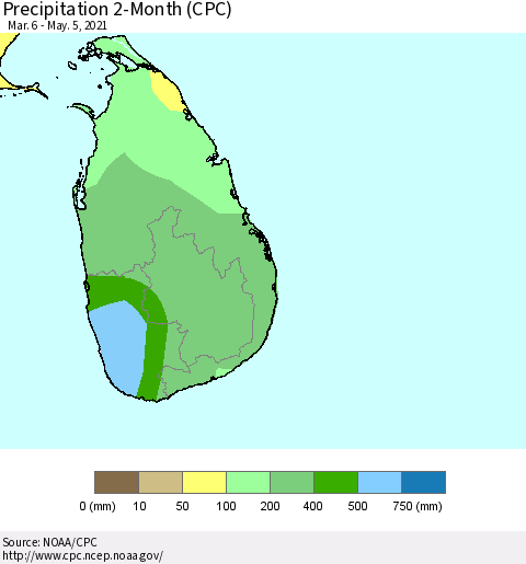 Sri Lanka Precipitation 2-Month (CPC) Thematic Map For 3/6/2021 - 5/5/2021