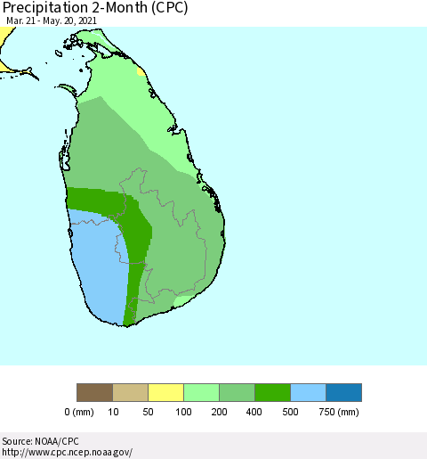 Sri Lanka Precipitation 2-Month (CPC) Thematic Map For 3/21/2021 - 5/20/2021