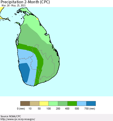 Sri Lanka Precipitation 2-Month (CPC) Thematic Map For 3/26/2021 - 5/25/2021