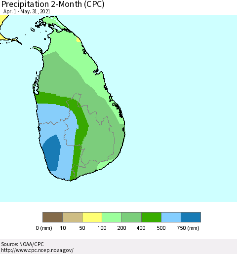 Sri Lanka Precipitation 2-Month (CPC) Thematic Map For 4/1/2021 - 5/31/2021