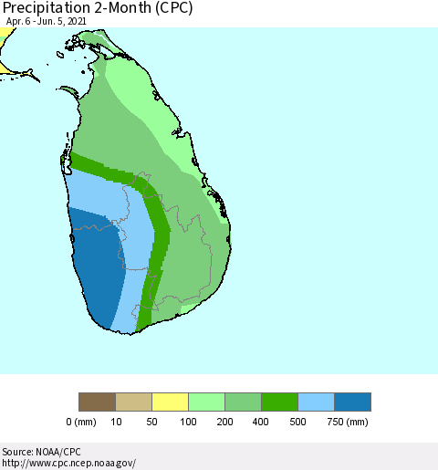 Sri Lanka Precipitation 2-Month (CPC) Thematic Map For 4/6/2021 - 6/5/2021