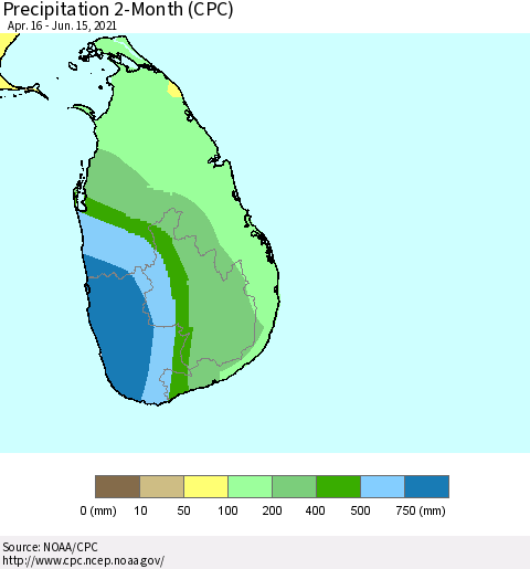 Sri Lanka Precipitation 2-Month (CPC) Thematic Map For 4/16/2021 - 6/15/2021