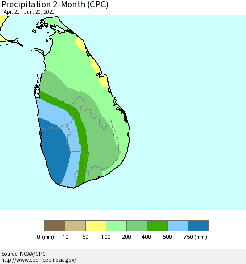 Sri Lanka Precipitation 2-Month (CPC) Thematic Map For 4/21/2021 - 6/20/2021