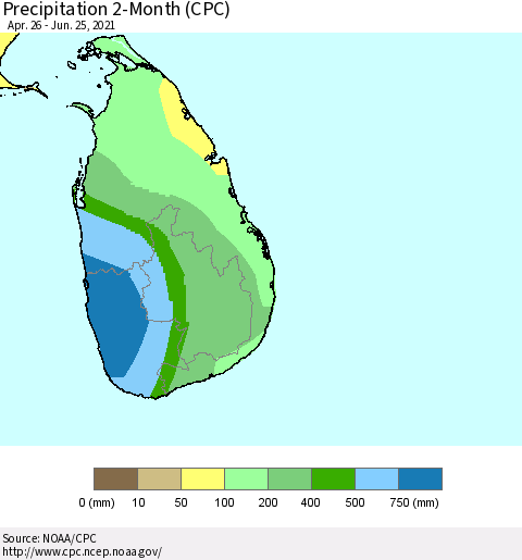 Sri Lanka Precipitation 2-Month (CPC) Thematic Map For 4/26/2021 - 6/25/2021