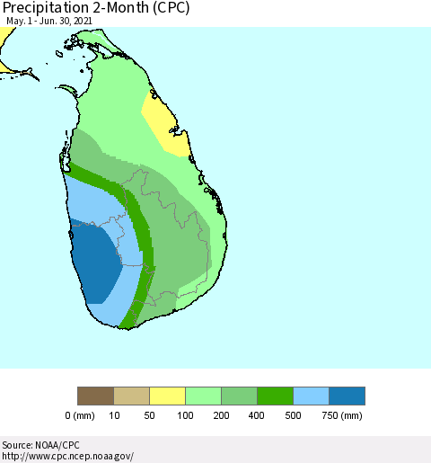 Sri Lanka Precipitation 2-Month (CPC) Thematic Map For 5/1/2021 - 6/30/2021