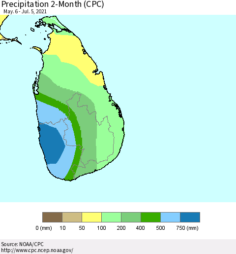 Sri Lanka Precipitation 2-Month (CPC) Thematic Map For 5/6/2021 - 7/5/2021