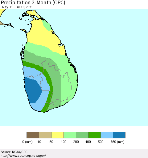 Sri Lanka Precipitation 2-Month (CPC) Thematic Map For 5/11/2021 - 7/10/2021