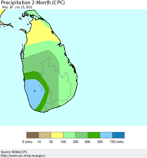 Sri Lanka Precipitation 2-Month (CPC) Thematic Map For 5/26/2021 - 7/25/2021