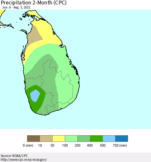Sri Lanka Precipitation 2-Month (CPC) Thematic Map For 6/6/2021 - 8/5/2021