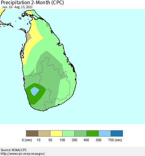 Sri Lanka Precipitation 2-Month (CPC) Thematic Map For 6/16/2021 - 8/15/2021
