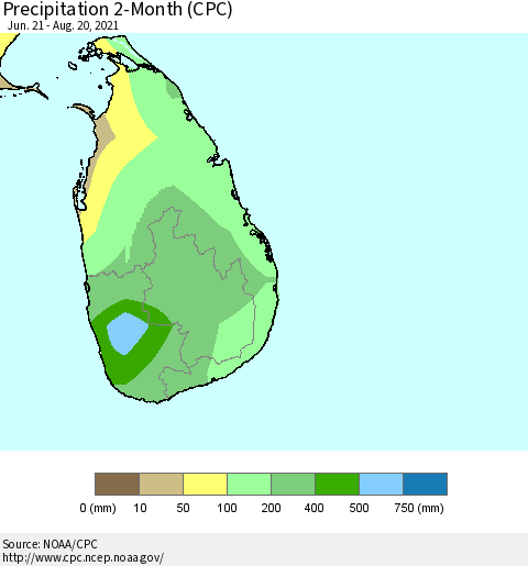 Sri Lanka Precipitation 2-Month (CPC) Thematic Map For 6/21/2021 - 8/20/2021