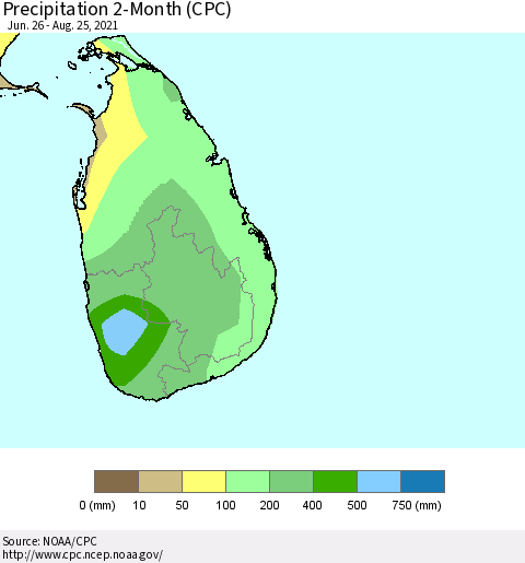 Sri Lanka Precipitation 2-Month (CPC) Thematic Map For 6/26/2021 - 8/25/2021
