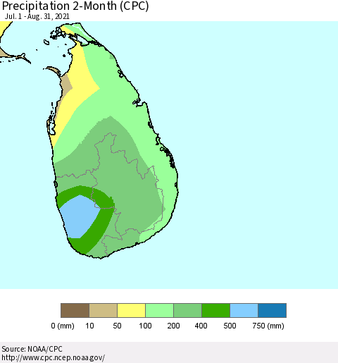 Sri Lanka Precipitation 2-Month (CPC) Thematic Map For 7/1/2021 - 8/31/2021