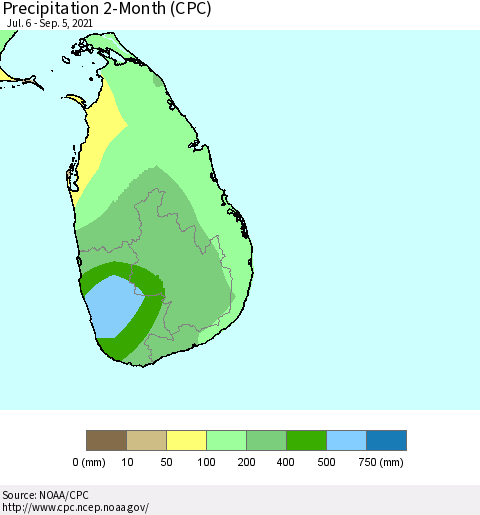 Sri Lanka Precipitation 2-Month (CPC) Thematic Map For 7/6/2021 - 9/5/2021