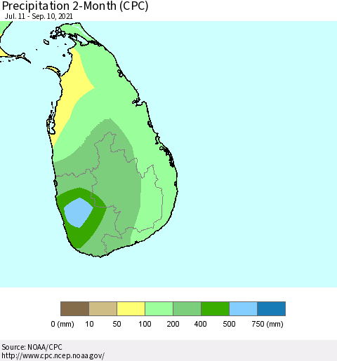 Sri Lanka Precipitation 2-Month (CPC) Thematic Map For 7/11/2021 - 9/10/2021