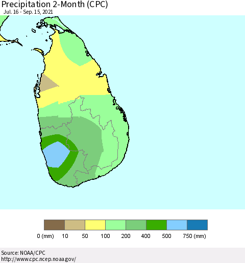 Sri Lanka Precipitation 2-Month (CPC) Thematic Map For 7/16/2021 - 9/15/2021