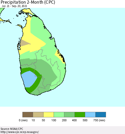 Sri Lanka Precipitation 2-Month (CPC) Thematic Map For 7/21/2021 - 9/20/2021