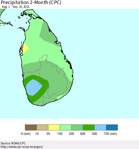 Sri Lanka Precipitation 2-Month (CPC) Thematic Map For 8/1/2021 - 9/30/2021