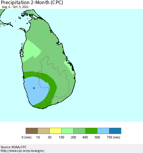 Sri Lanka Precipitation 2-Month (CPC) Thematic Map For 8/6/2021 - 10/5/2021