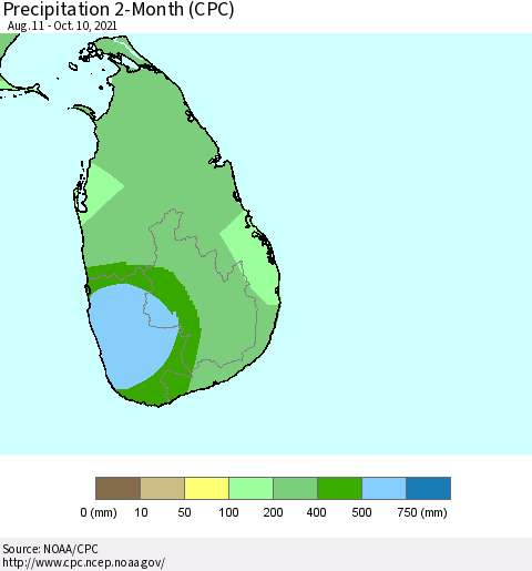 Sri Lanka Precipitation 2-Month (CPC) Thematic Map For 8/11/2021 - 10/10/2021
