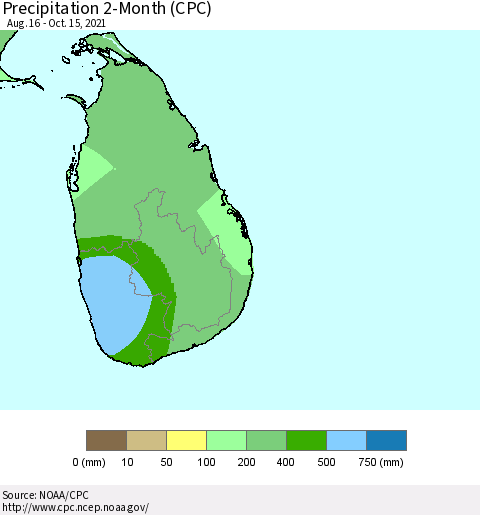 Sri Lanka Precipitation 2-Month (CPC) Thematic Map For 8/16/2021 - 10/15/2021
