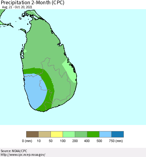 Sri Lanka Precipitation 2-Month (CPC) Thematic Map For 8/21/2021 - 10/20/2021