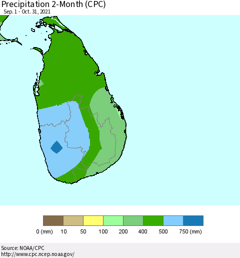Sri Lanka Precipitation 2-Month (CPC) Thematic Map For 9/1/2021 - 10/31/2021