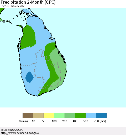 Sri Lanka Precipitation 2-Month (CPC) Thematic Map For 9/6/2021 - 11/5/2021