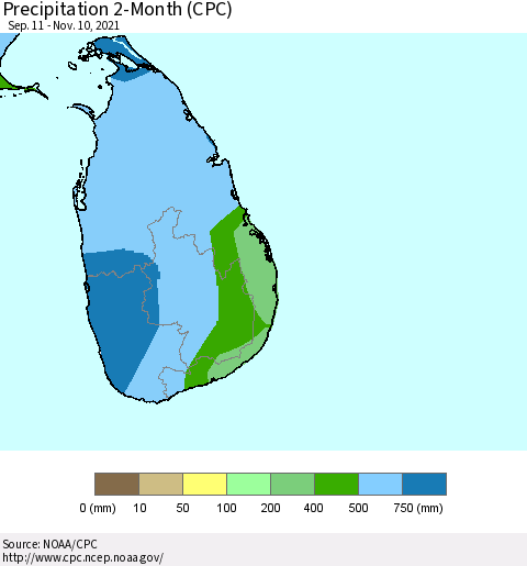 Sri Lanka Precipitation 2-Month (CPC) Thematic Map For 9/11/2021 - 11/10/2021