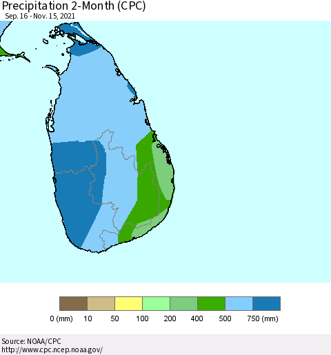 Sri Lanka Precipitation 2-Month (CPC) Thematic Map For 9/16/2021 - 11/15/2021