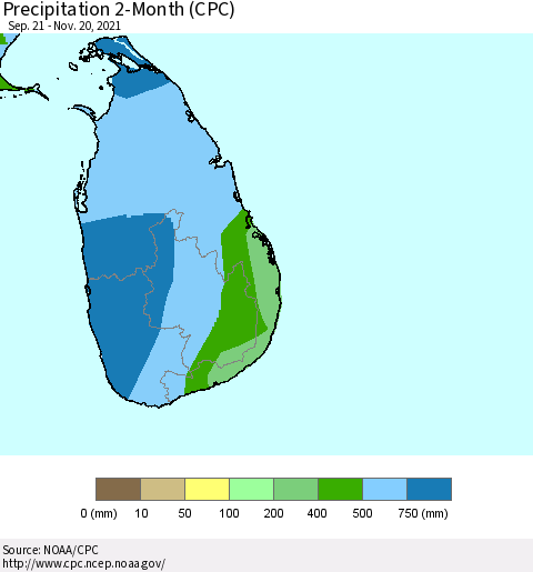 Sri Lanka Precipitation 2-Month (CPC) Thematic Map For 9/21/2021 - 11/20/2021