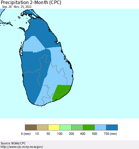 Sri Lanka Precipitation 2-Month (CPC) Thematic Map For 9/26/2021 - 11/25/2021