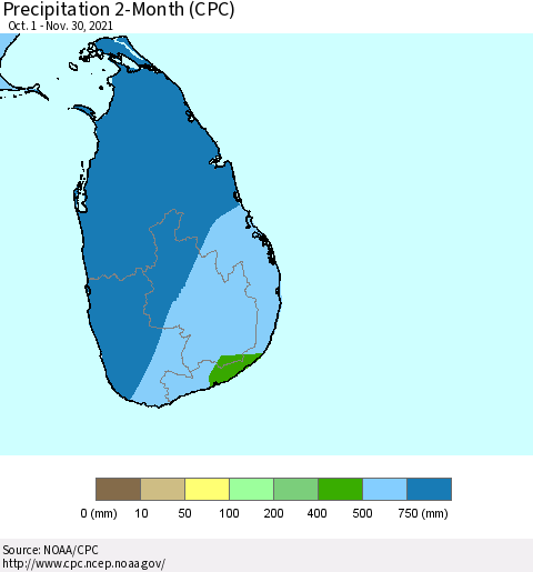 Sri Lanka Precipitation 2-Month (CPC) Thematic Map For 10/1/2021 - 11/30/2021