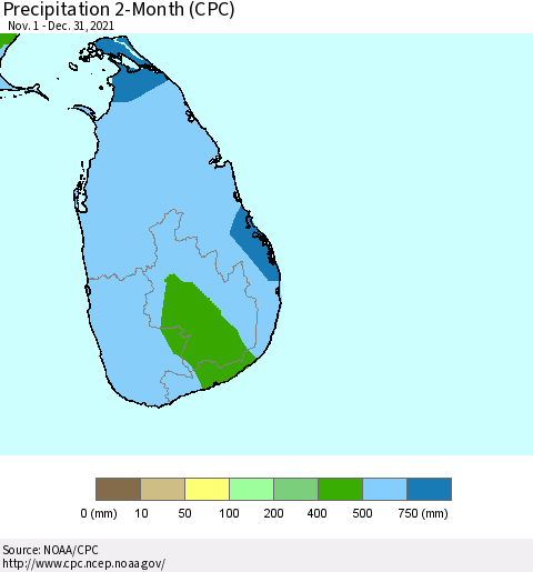 Sri Lanka Precipitation 2-Month (CPC) Thematic Map For 11/1/2021 - 12/31/2021
