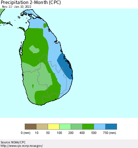 Sri Lanka Precipitation 2-Month (CPC) Thematic Map For 11/11/2021 - 1/10/2022