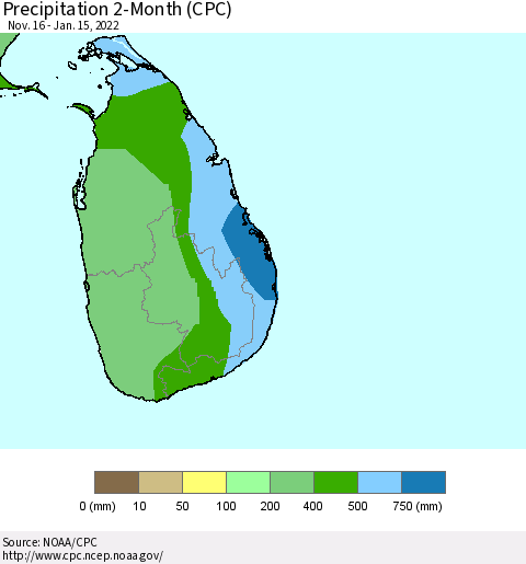 Sri Lanka Precipitation 2-Month (CPC) Thematic Map For 11/16/2021 - 1/15/2022