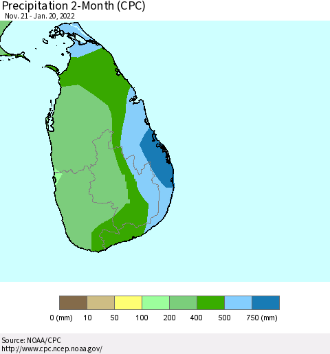 Sri Lanka Precipitation 2-Month (CPC) Thematic Map For 11/21/2021 - 1/20/2022