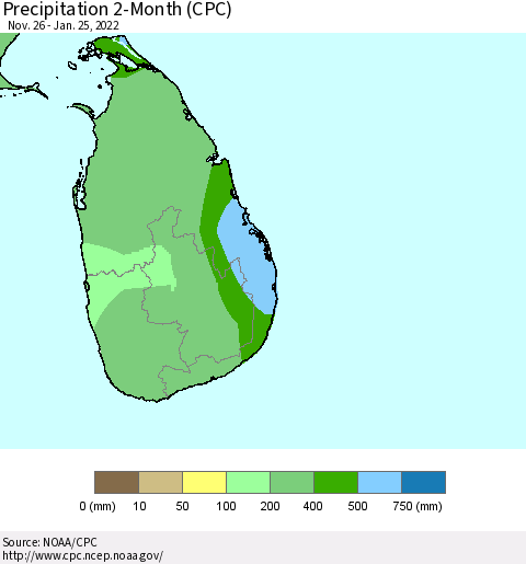 Sri Lanka Precipitation 2-Month (CPC) Thematic Map For 11/26/2021 - 1/25/2022