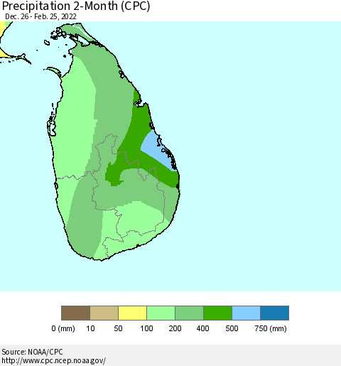 Sri Lanka Precipitation 2-Month (CPC) Thematic Map For 12/26/2021 - 2/25/2022